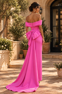 Fashion Satin Fitted Off-Shoulder Party Prom Dress With Bow Train