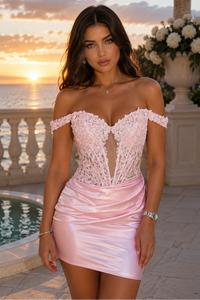 Off Shoulder Applique Pleated Homecoming Dress