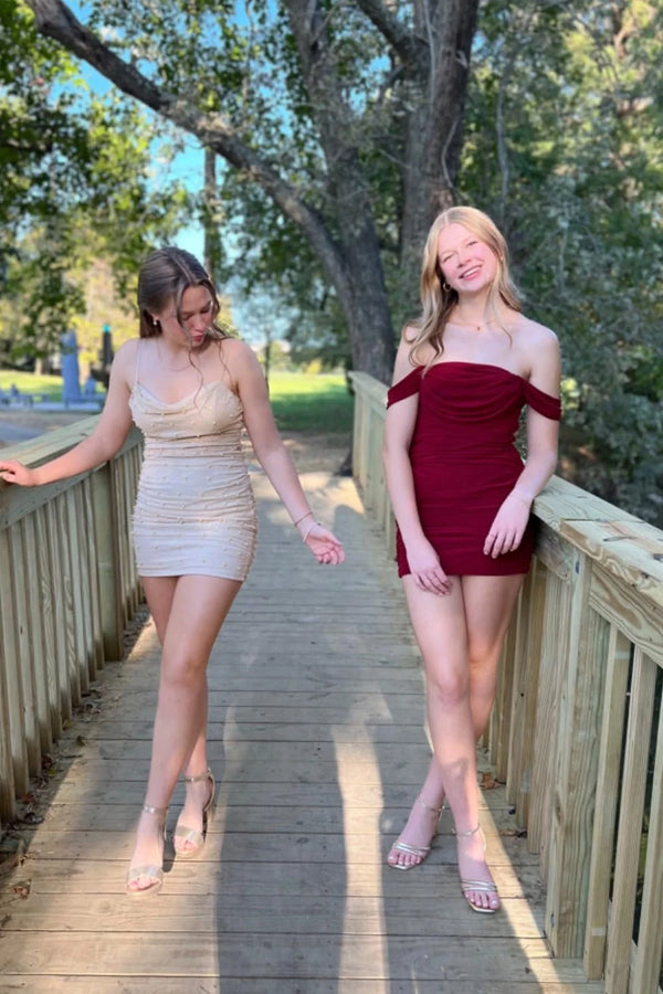 Off Shoulder Ruched Tight Tulle Short Homecoming Dress