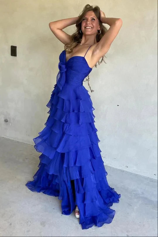 Yellow Straps Chiffon Ruffle Prom Dress with Slit