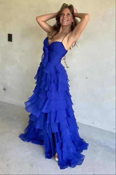 Yellow Straps Chiffon Ruffle Prom Dress with Slit