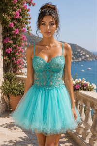 Mint Blue Cute Tulle Short Party Dress with Appliques