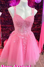 Hot Pink Leaf Appliques Straps A-Line Homecoming Dress