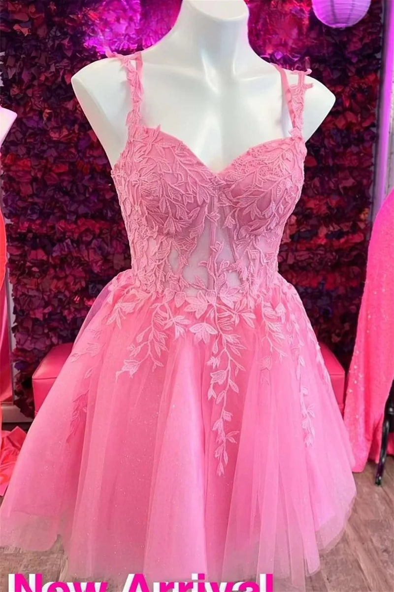 Hot Pink Leaf Appliques Straps A-Line Homecoming Dress