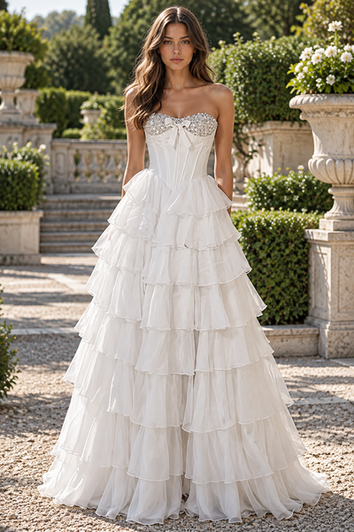 Strapless Sequin Beaded Boned Ruffle A-Line Chiffon Prom Dress