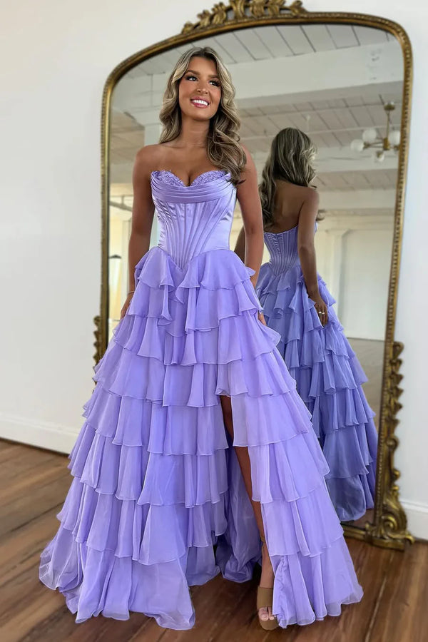 Dark Navy Strapless Pleated Prom Dress with Ruffle