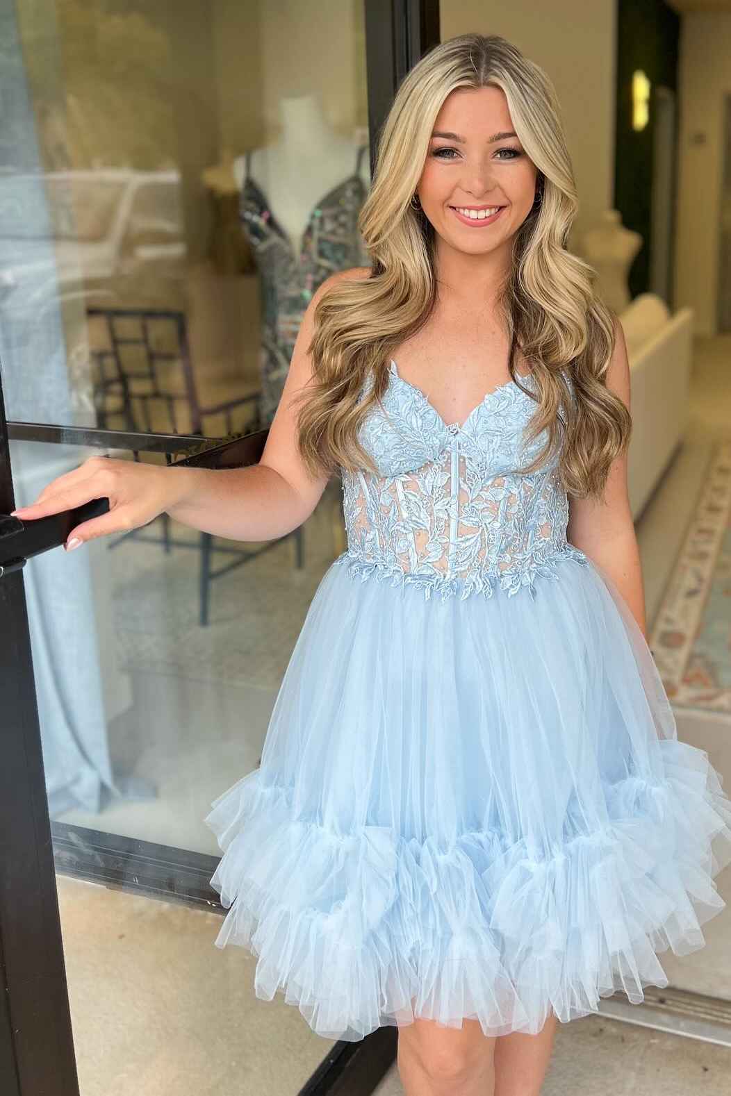 Sweetheart Light Blue Sheer Corset Ruffle Homecoming Dress with Appliq FancyVestido Sweetheart Light Blue Sheer Corset Ruffle Homecoming Dress with Appliq FancyVestido