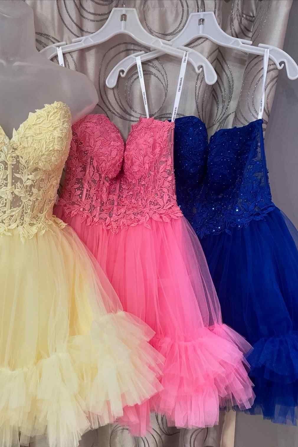 Sweetheart Light Blue Sheer Corset Ruffle Homecoming Dress with Appliques