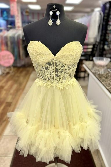 Sweetheart Light Blue Sheer Corset Ruffle Homecoming Dress with Appliques