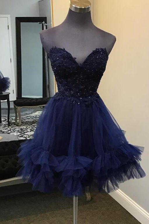 Sweetheart Light Blue Sheer Corset Ruffle Homecoming Dress with Appliques