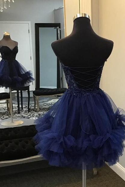 Sweetheart Light Blue Sheer Corset Ruffle Homecoming Dress with Appliques