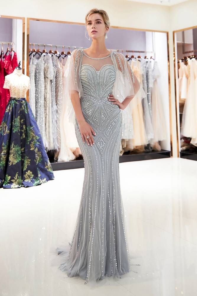 Mermaid Sheer V-Back Beading Silver Long Evening Dress with Shawl –  FancyVestido