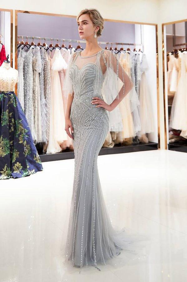 Mermaid Sheer V-Back Beading Silver Long Evening Dress with Shawl