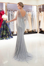 Mermaid Sheer V-Back Beading Silver Long Evening Dress with Shawl
