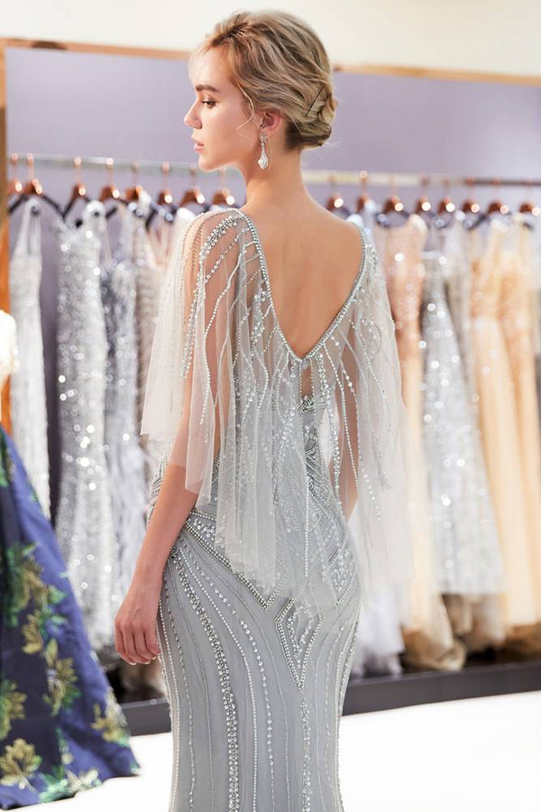 Mermaid Sheer V-Back Beading Silver Long Evening Dress with Shawl