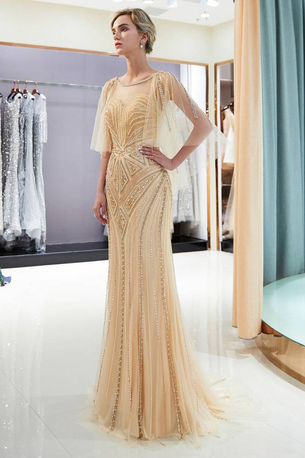Mermaid Sheer V-Back Beading Silver Long Evening Dress with Shawl