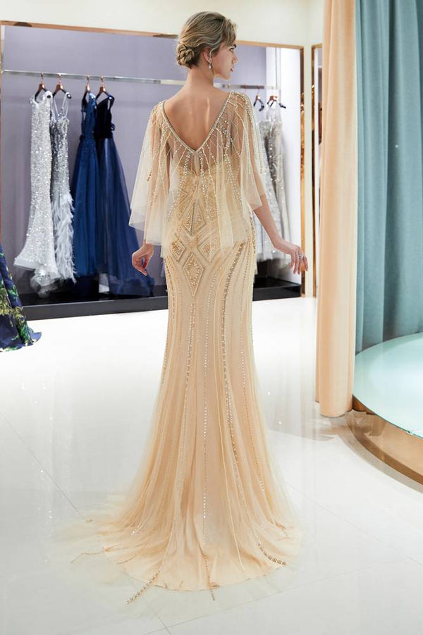 Mermaid Sheer V-Back Beading Silver Long Evening Dress with Shawl