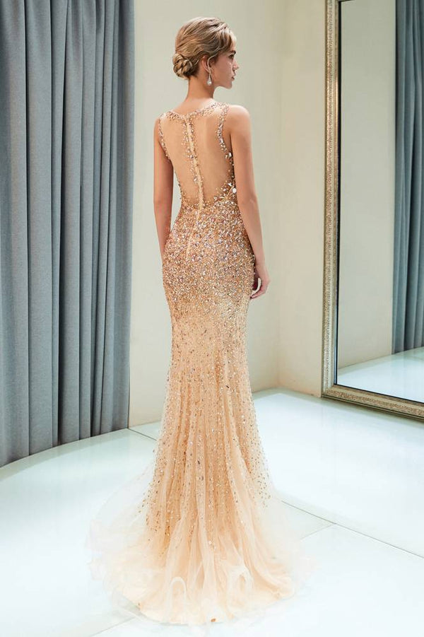 Glamorous Rose Gold Beaded Mermaid Gown with Flared Tulle Hem
