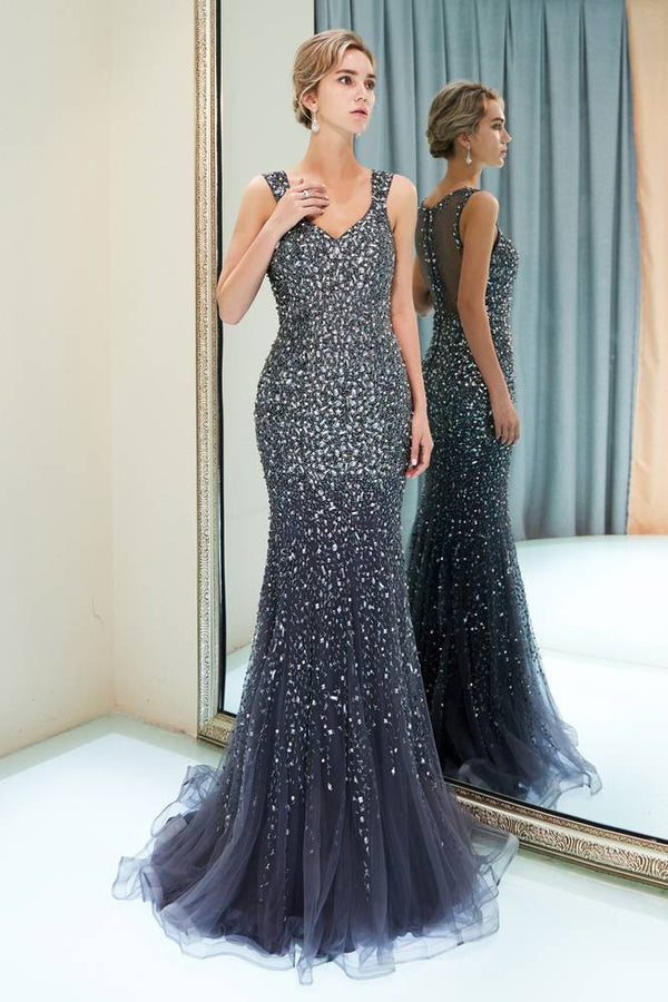 Glamorous Rose Gold Beaded Mermaid Gown with Flared Tulle Hem