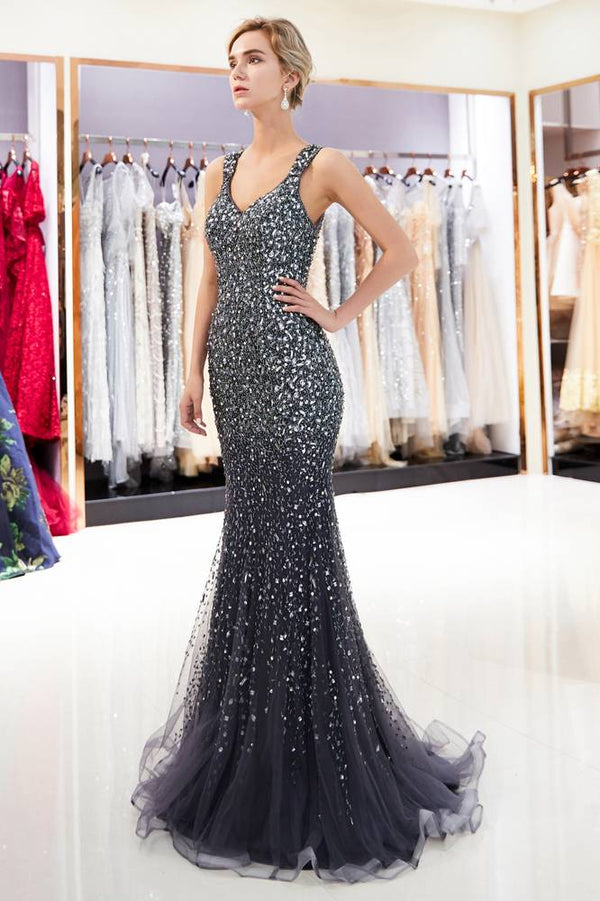 Glamorous Rose Gold Beaded Mermaid Gown with Flared Tulle Hem