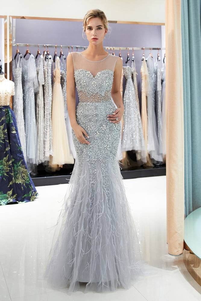 See-Through Mermaid Sequined Silver Long Prom Dress