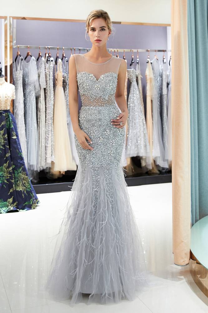 chinese dress ladies See-Through Mermaid Sequined Silver Long Prom Dress – FancyVestido