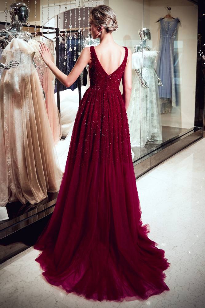 Sparkling V-Neck Sequined Burgundy Sweep Prom Dress FancyVestido Sparkling V-Neck Sequined Burgundy Sweep Prom Dress FancyVestido