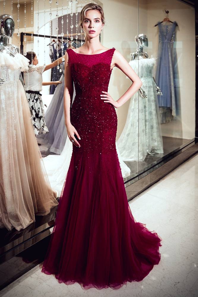 Mermaid Bateau Sequined Long Burgundy Prom Evening Dress FancyVestido Mermaid Bateau Sequined Long Burgundy Prom Evening Dress FancyVestido