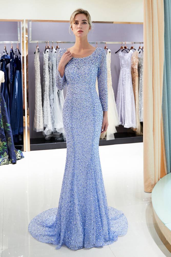 Long Sleeves Sequined Open Back Mermaid Periwinkle Blue Evening Dress