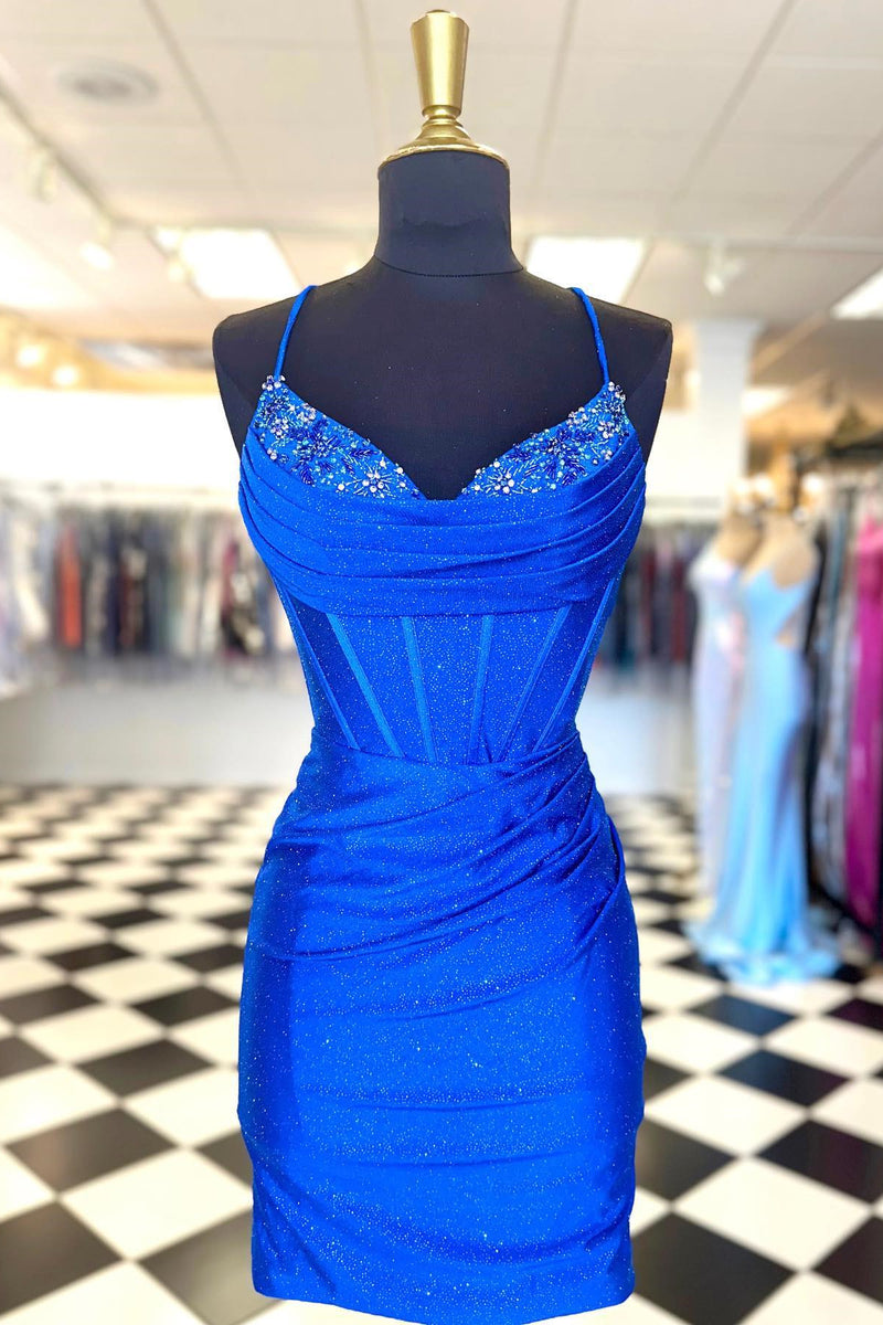 Straps Royal Blue Beaded Pleated Bodycon Homecoming Dress