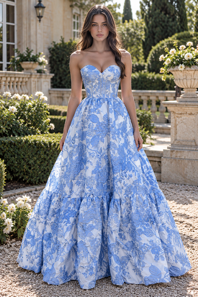 Elegant Sweetheart Blue Jacquard Satin A-Line Prom Dress