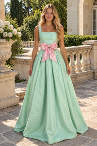 Straps Square A-Line Bow Empire Floor-Length Satin Party Prom Dress