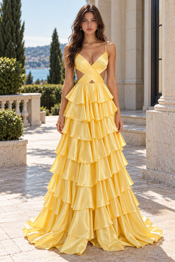 Straps V-Neck Red A-Line Ruffle Layered Prom Dress
