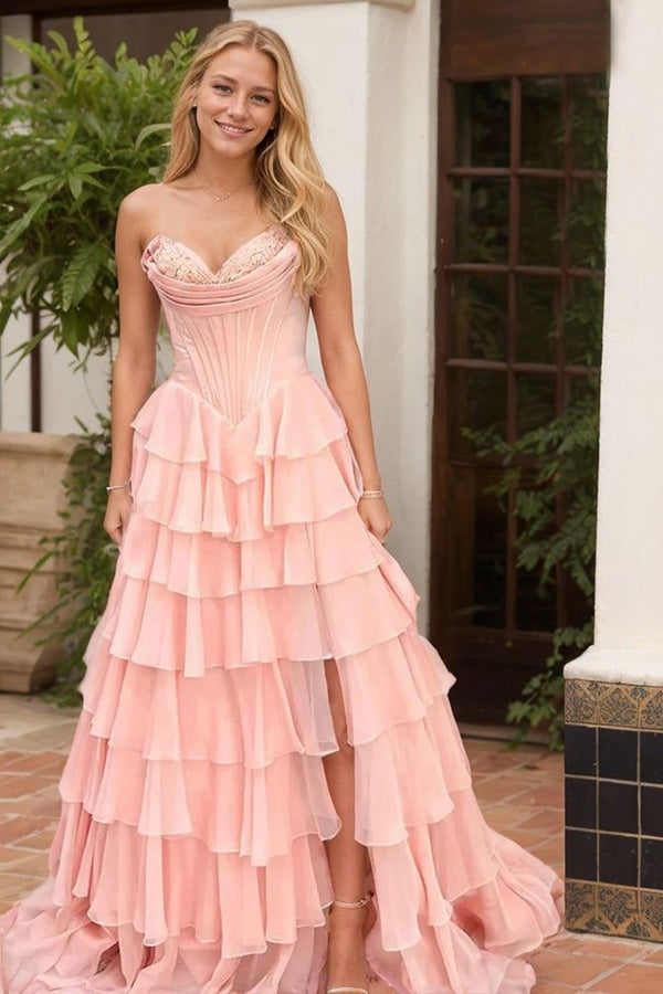 Dark Navy Strapless Pleated Prom Dress with Ruffle