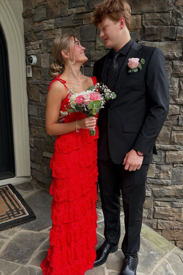 Asymmertial V-Neck Red Layered High Slit Prom Dress