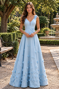 Blue Satin A-Line V-Neck Straps Empire Floral Party Prom Dress