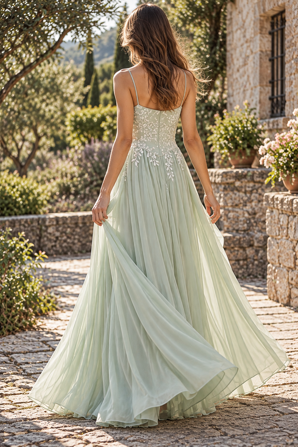 Sage Green Boat Sleeveless Lace Top Chiffon A-Line Long Party Prom Dress