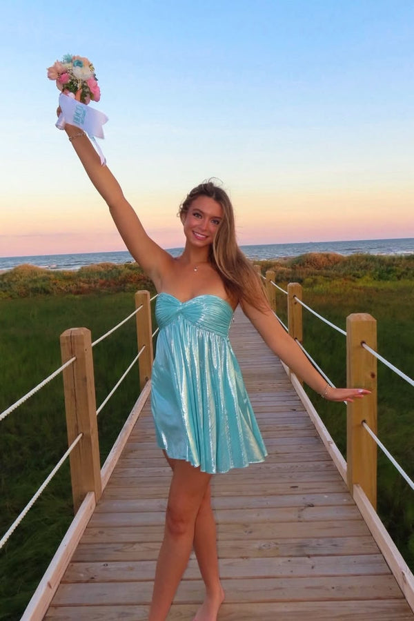 Strapless Metallic Corset Pleated A-Line Homecoming Dress