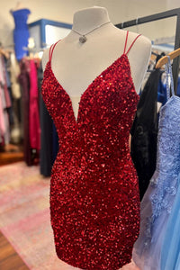 Straps V-Neck Royal Blue Sequin Tight Short Homecoming Dress