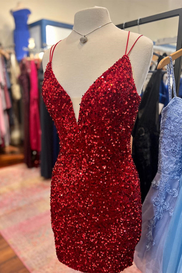 Straps V-Neck Royal Blue Sequin Tight Short Homecoming Dress