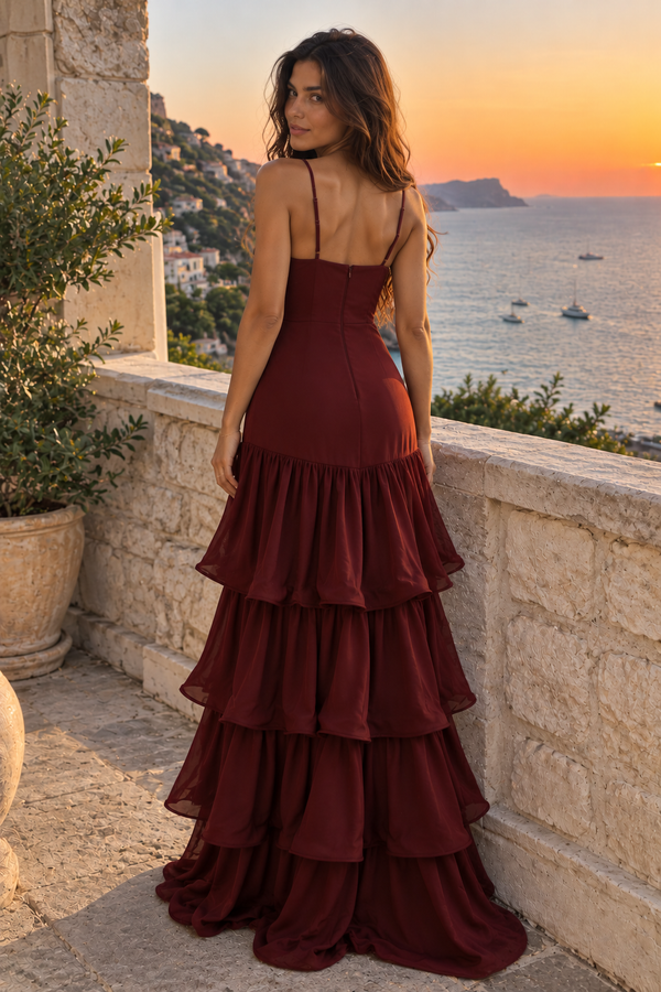 Chic V-Neck Sleeveless Satin A-Line Tiered Long Party Prom Dress