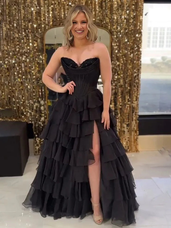 Dark Navy Strapless Pleated Prom Dress with Ruffle