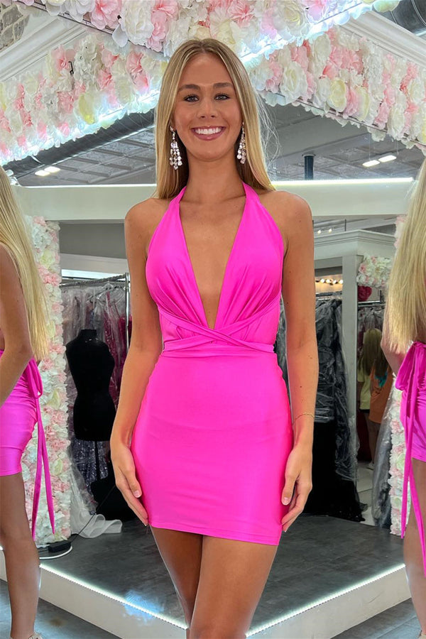 Plunging Neck Hot Pink Tight Satin Homecoming Dress with Lace-Up