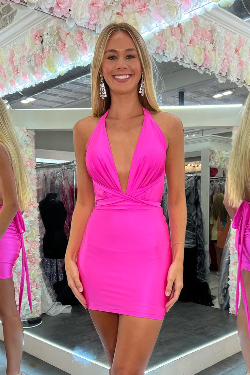 Plunging Neck Hot Pink Tight Satin Homecoming Dress with Lace-Up