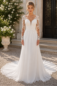 Long Sleeves Sheath A-line White Wedding Dress with Lace