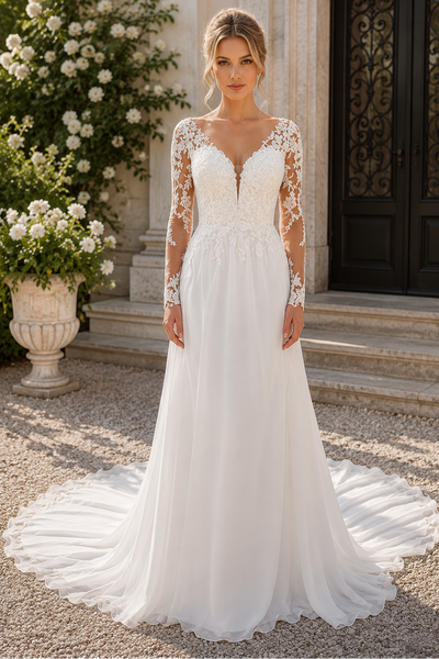 Long Sleeves Sheath A-line White Wedding Dress with Lace
