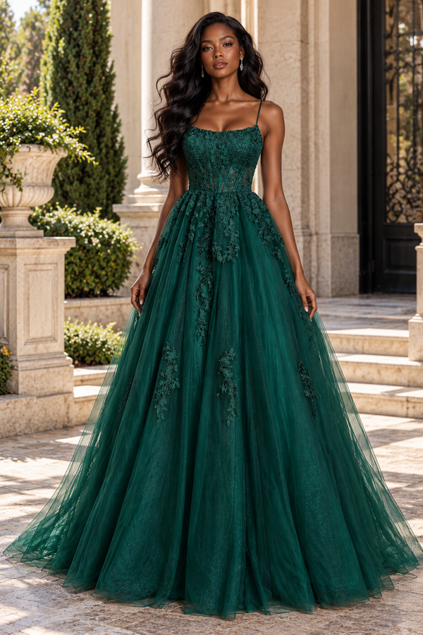 A-Line Boat Sleeveless Sparkly Tulle With Lace Appliques Party Prom Dress