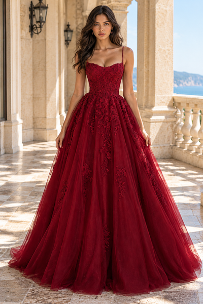 A-Line Boat Sleeveless Sparkly Tulle With Lace Appliques Party Prom Dress