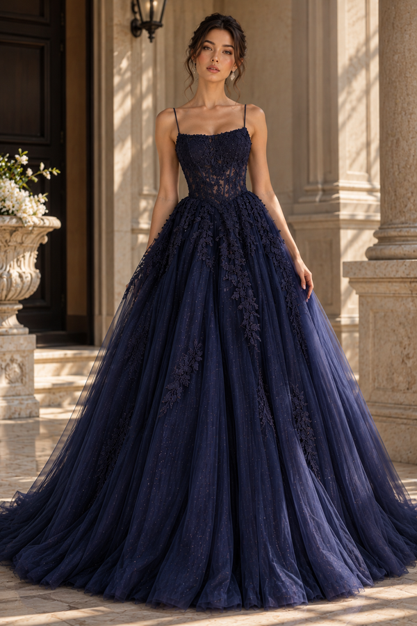 A-Line Boat Sleeveless Sparkly Tulle With Lace Appliques Party Prom Dress