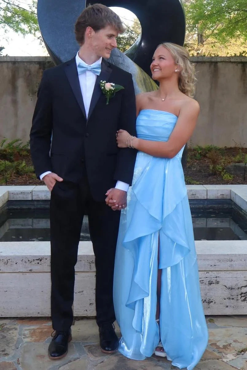 A-Line Empire Pleated Strapless Party Prom Dress With Leg Slit 